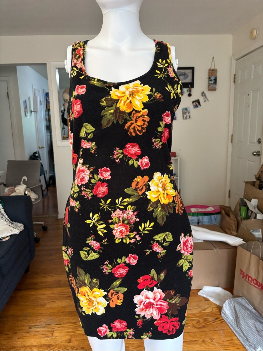 Floral Printed Black Tank Dress - Yellow & Pink Blooms size L stretchy